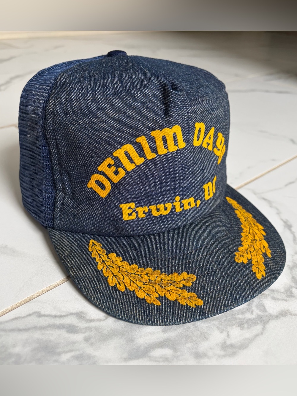 Vintage 1970s 70s Denim Days Erwin, NC Trucker Hat Gold Leaf Levi’s Wrangler Lee